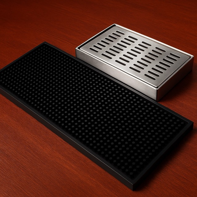 Barmatter og dryppbrett beskytter arbeidsflaten og holder baren ren og ryddig. Gummimatter gir godt grep for glass og shaker, mens dryppbrett samler opp søl fra tappetårn og blandestasjoner. Praktisk og hygienisk barutstyr.  SEO-nøkkelord: barmatte gummi, dryppbrett bar, anti-søl barutstyr, matte bartilbehør, profesjonell bardisk